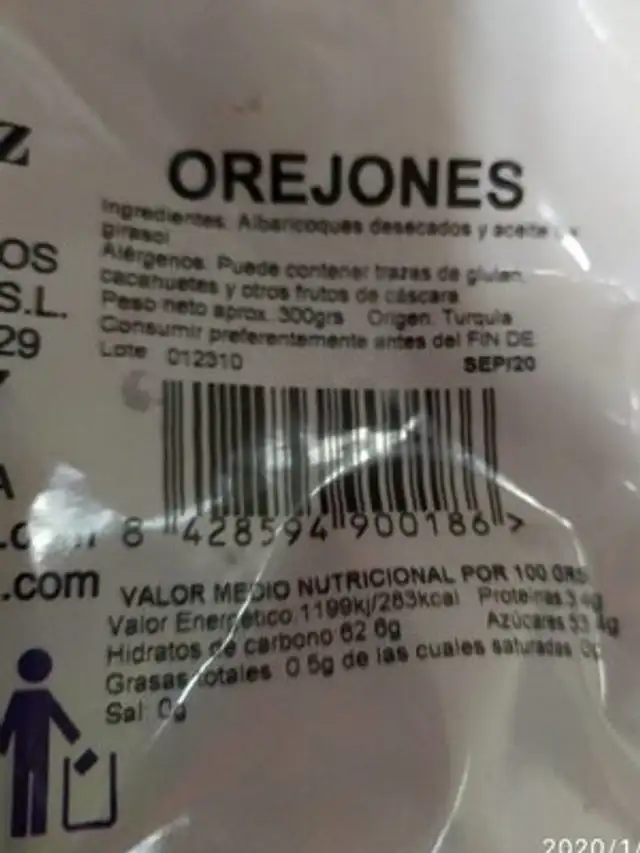 Orejones nutrition facts table
