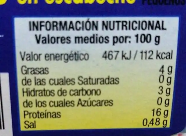 Mejillones en escabeche nutrition facts table
