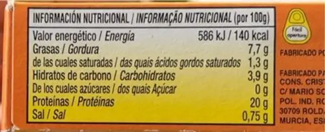 Cristo del mar nutrition facts table