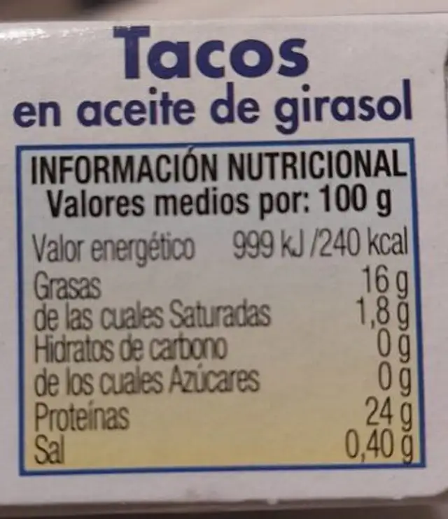Tacos en aceite de girasol nutrition facts table