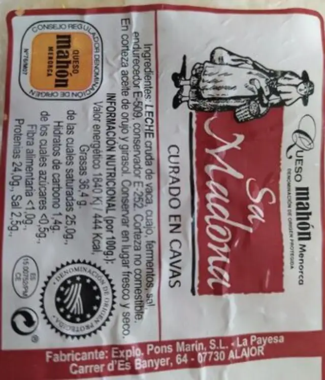 Mahón cheese nutrition facts table