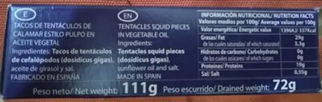 Tentacles Squid Pieces In Vegetable Oil nutrition facts table