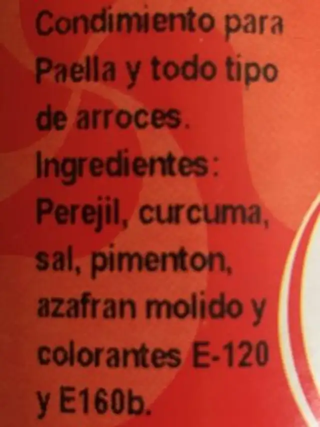 Especial paella con azafran ingredients label