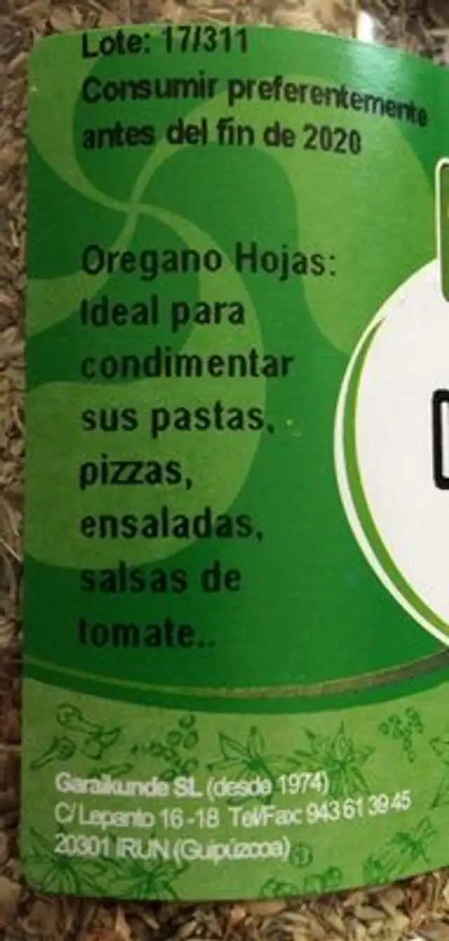 Oregano ingredients label