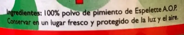 Pimiento de Espelette A.O.P ingredients label