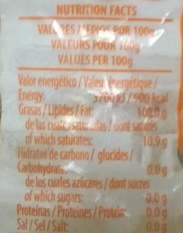 Aceite refinado de girasol nutrition facts table