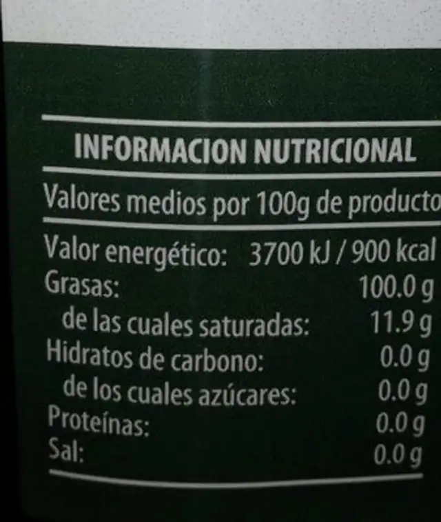 Aceite de oliva nutrition facts table