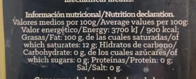 La Flor de Malaga nutrition facts table