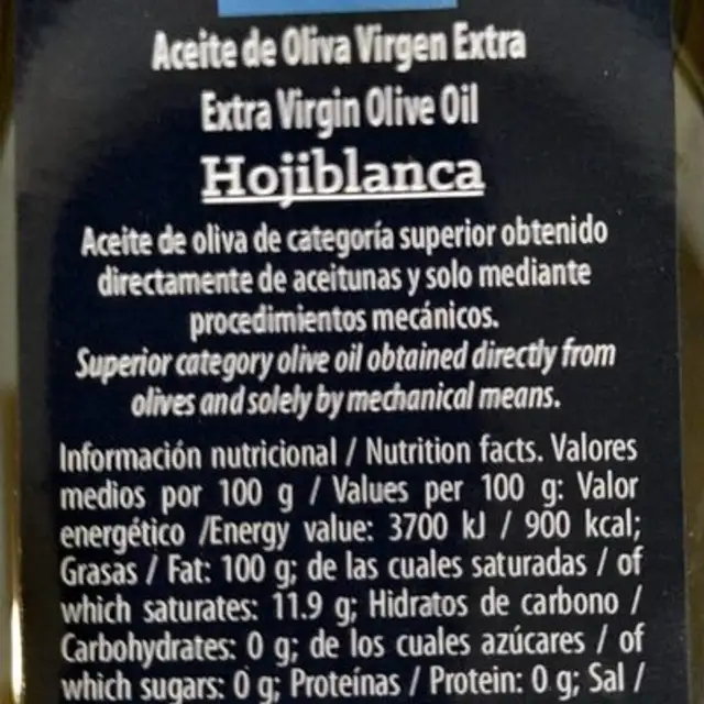 Aceite de Oliva Virgen Extra Hojiblanca nutrition facts table