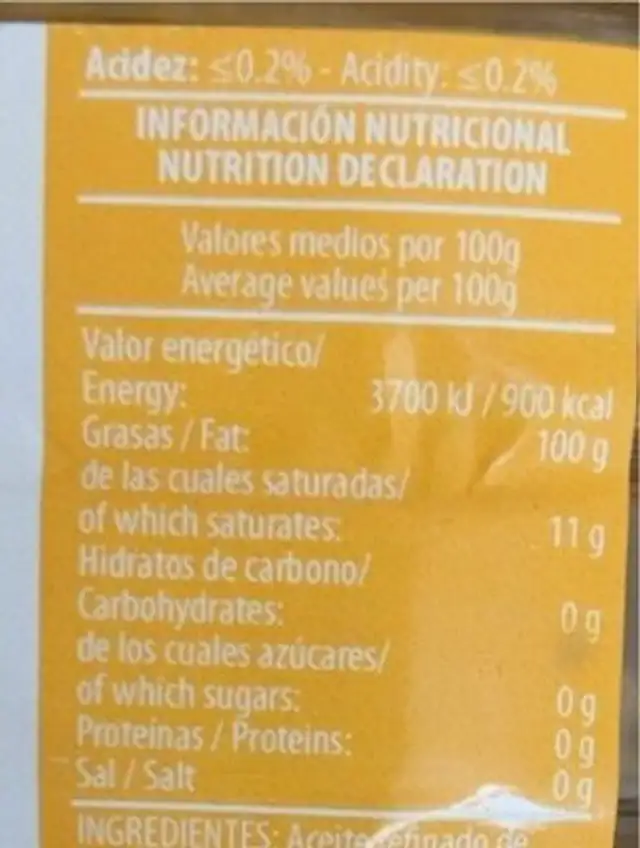 Aceite refinado de girasol nutrition facts table