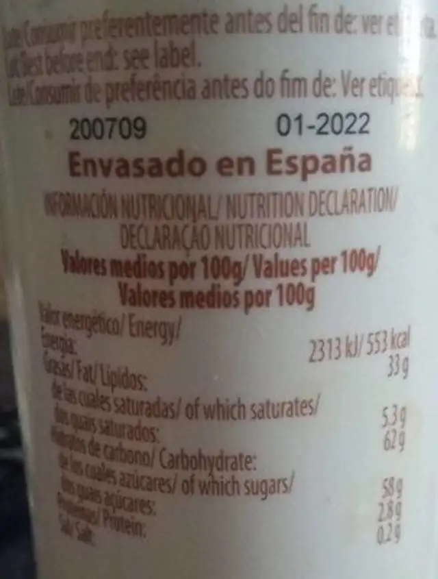 Sirope de chocolate nutrition facts table