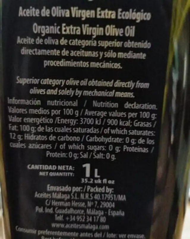 Aceite nutrition facts table