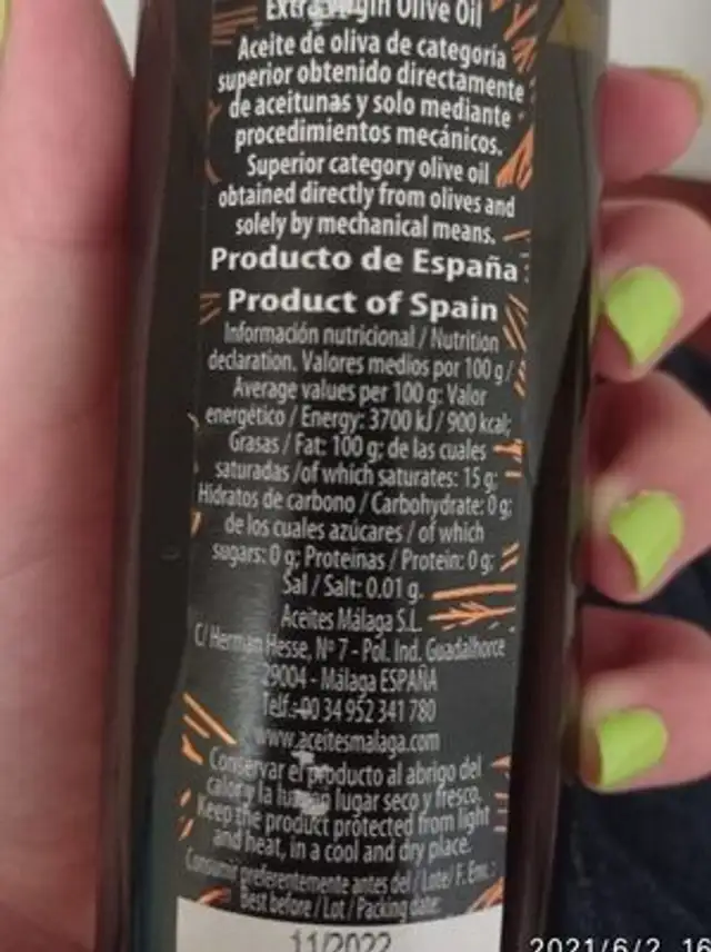Aceite de oliva virgen extra nutrition facts table