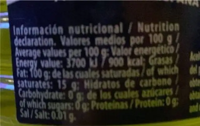 Aceite de orujo de Oliva nutrition facts table