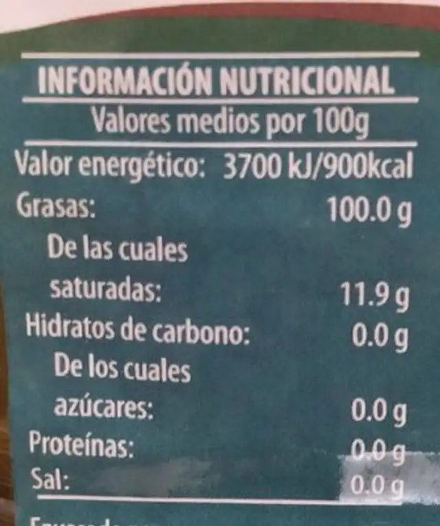 Oli de Sansa D'oliva nutrition facts table