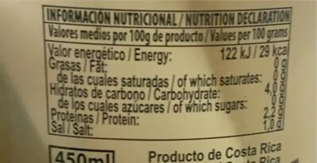 Palmito entero nutrition facts table