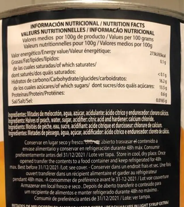 Mitades de melocotón extra nutrition facts table