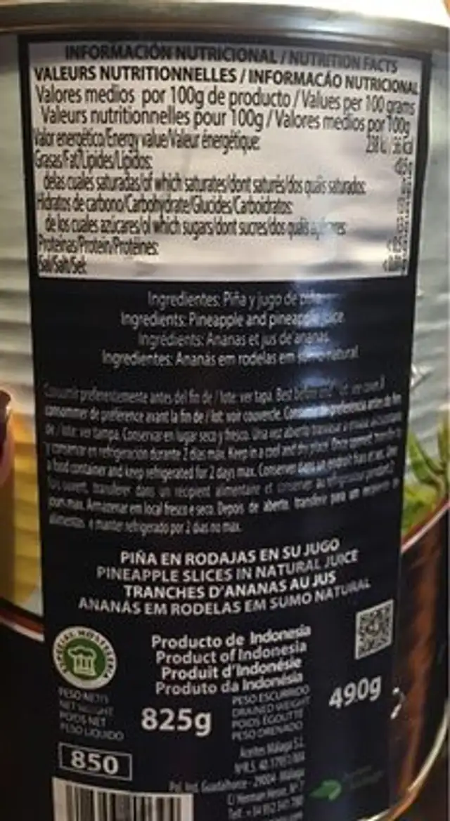 Piña en rodajas en su jugo nutrition facts table