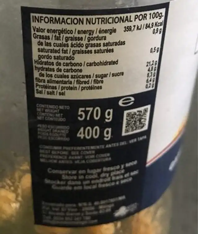 Garbanzos cocidos nutrition facts table
