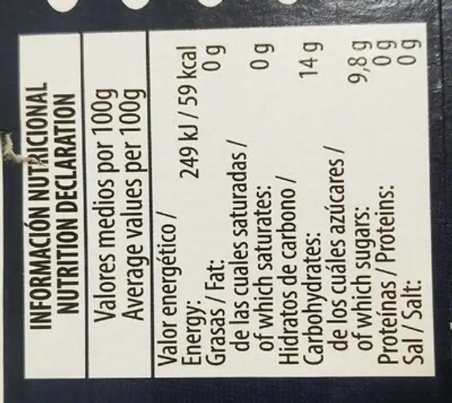Piña en rodajas en su jugo nutrition facts table