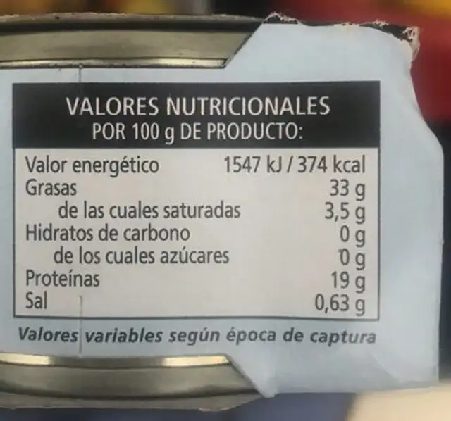 Atún en aceite vegetal nutrition facts table