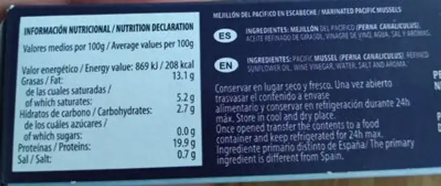 Mejillones en escabeche nutrition facts table