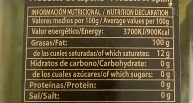 Aceite de oliva virgen extra nutrition facts table