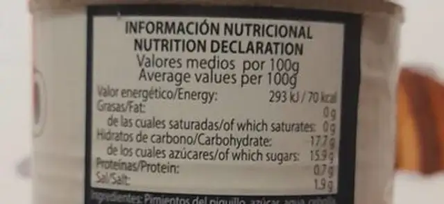 Ensalada de pimientos del piquillo nutrition facts table