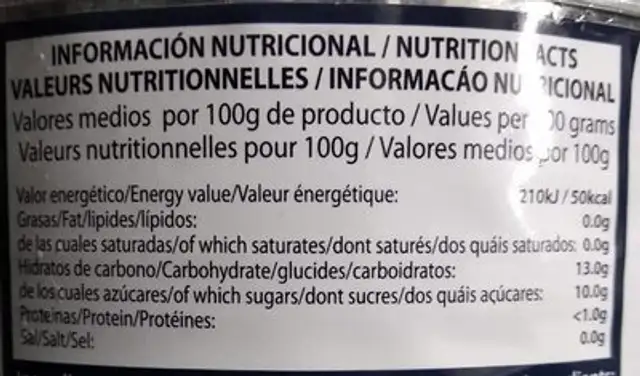 Piña en rodajas nutrition facts table