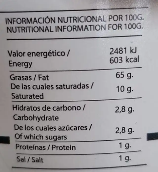 Mayonesa nutrition facts table
