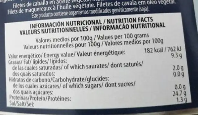 Filetes de caballa nutrition facts table