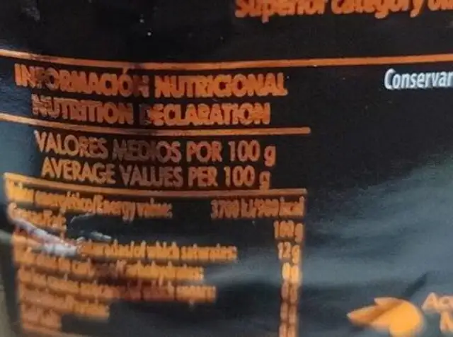 Aceite de oliva virgen extra nutrition facts table