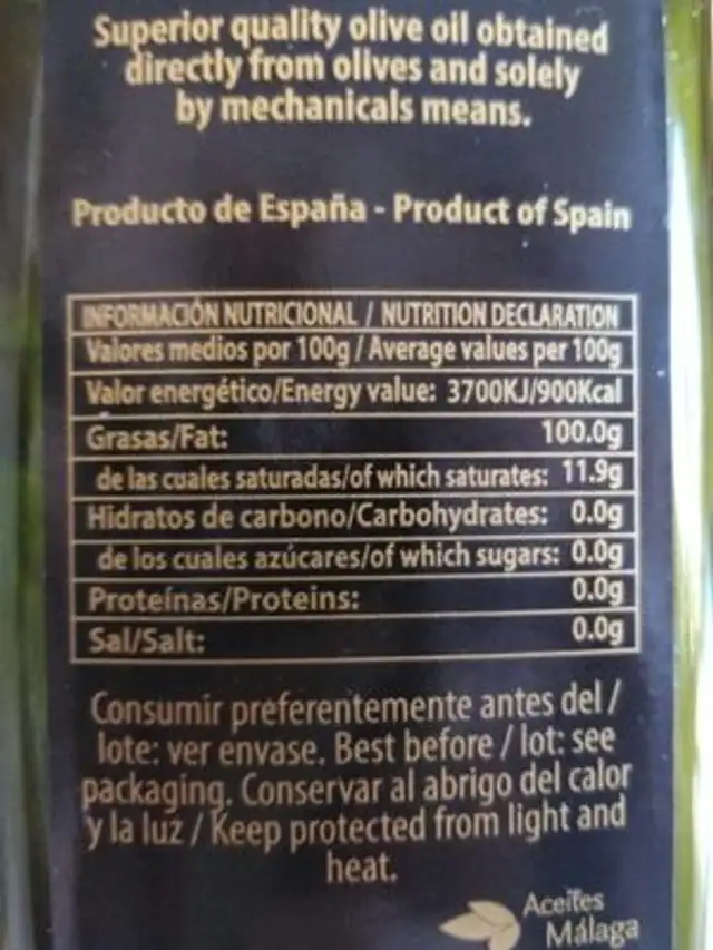 Aceite de oliva virgen extra nutrition facts table