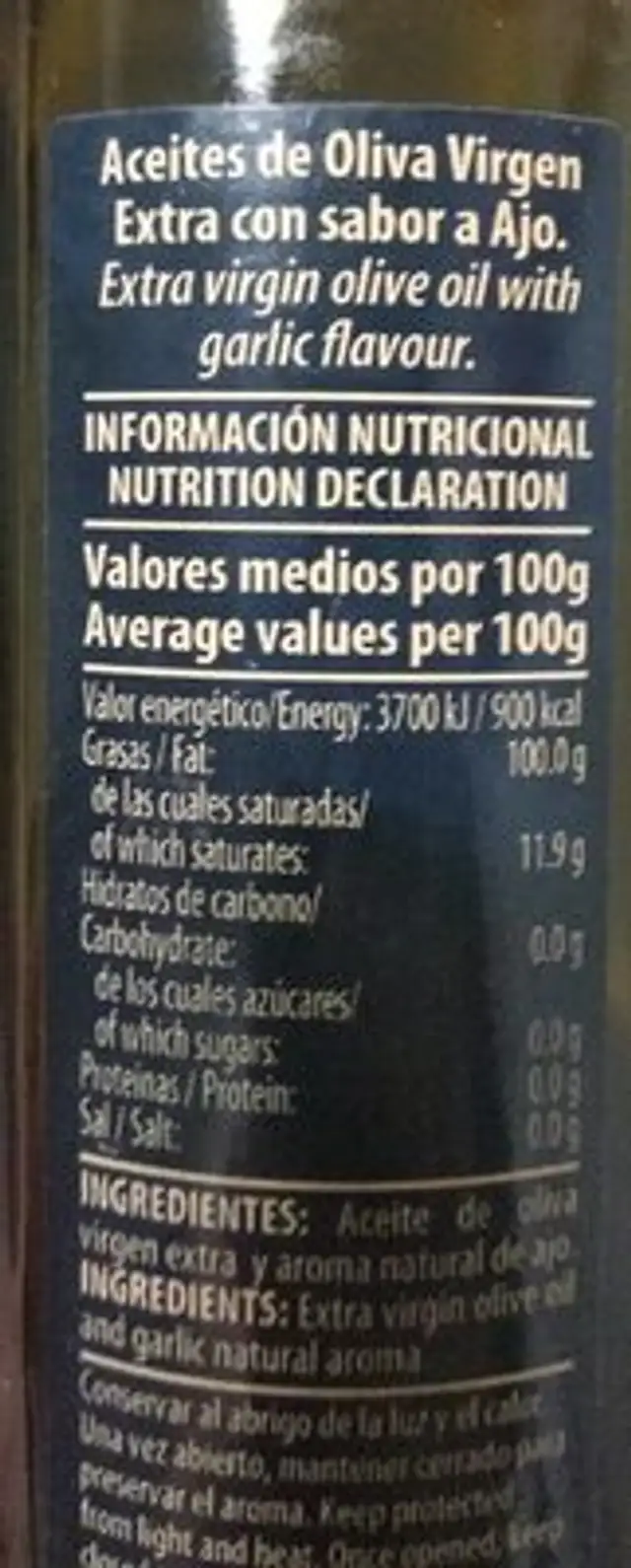 Aceite de oliva ajo - garlic nutrition facts table