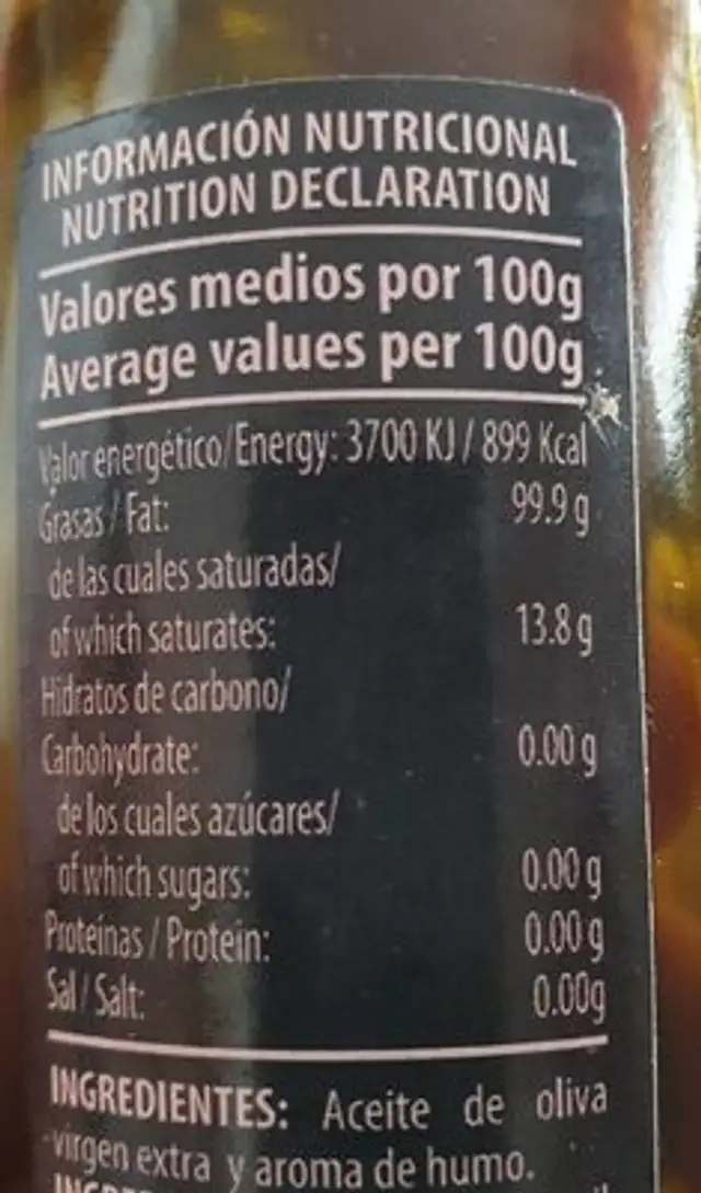 Aceite ahumado nutrition facts table