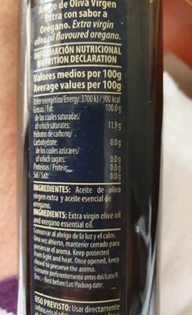 Aceite de oliva virgen extra sabor orégano nutrition facts table