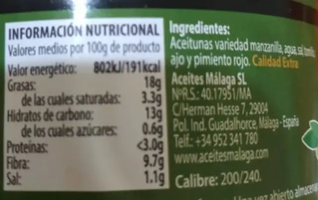 Aceitunas verdes partidas y aliñadas nutrition facts table