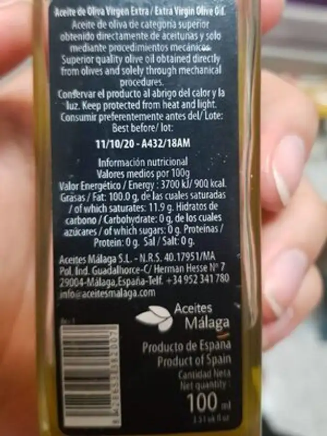 Aceite de oliva virgen extra nutrition facts table