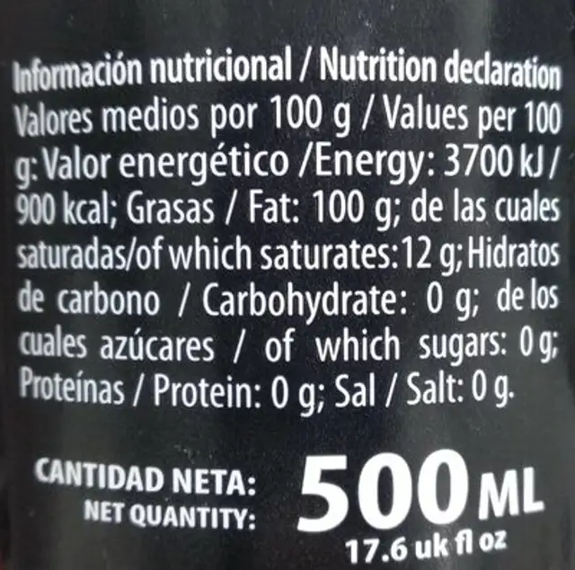 Aceite de oliva ecológico nutrition facts table