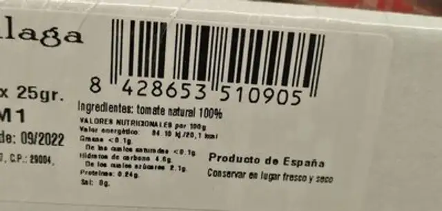 Tomate natural 30x25g nutrition facts table