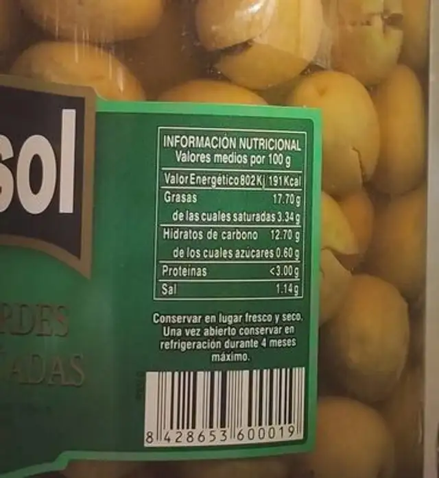 aceitunas nutrition facts table