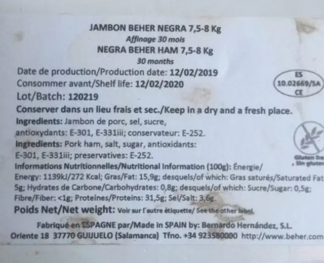 Jamon de Bellota ingredients label