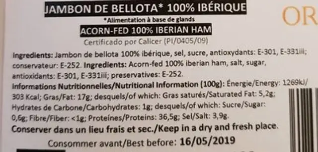 Pro jambon belotta ingredients label