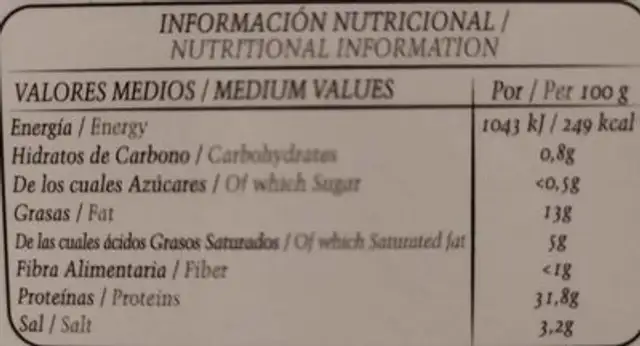 ÚNICO Jamón de cebo de campo 100% ibérico nutrition facts table