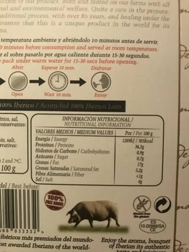 Lomo de bellota 100%iberico nutrition facts table