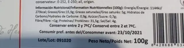 Lomo nutrition facts table