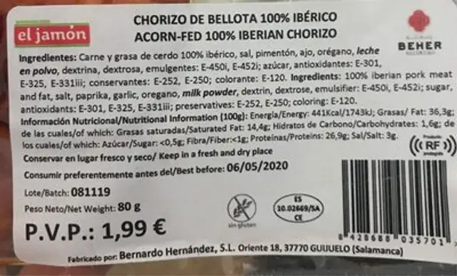Chorizo bellota nutrition facts table