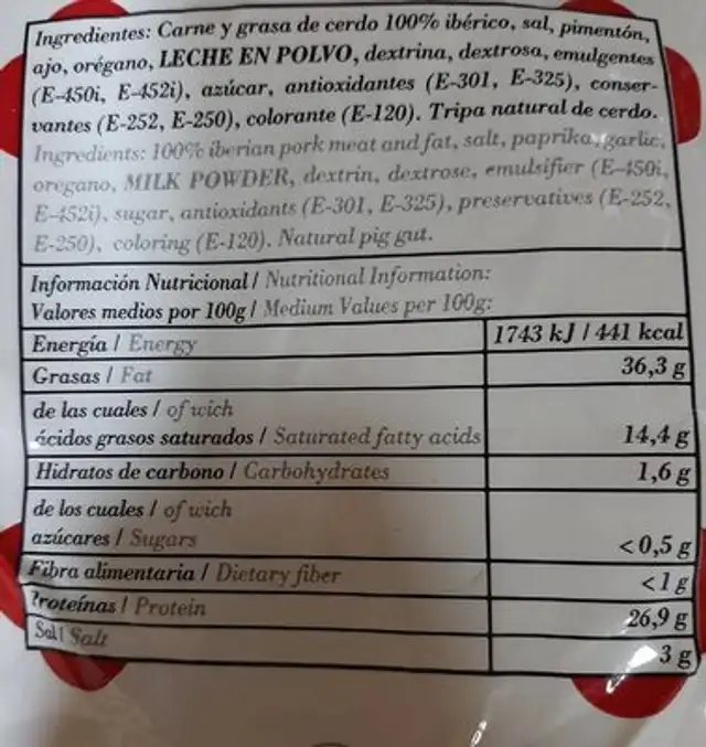 Chorizo de Bellota nutrition facts table