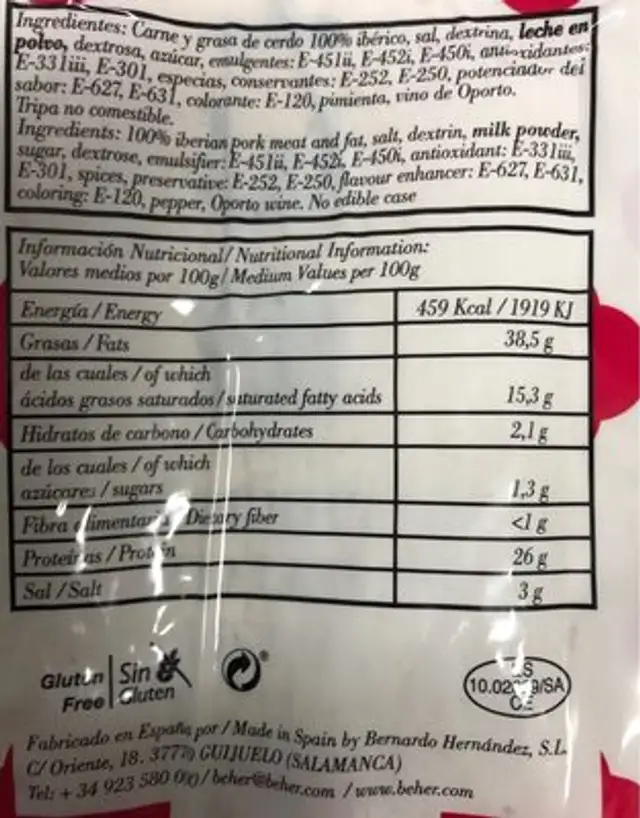 Salchichón de bellota 100% iberico nutrition facts table