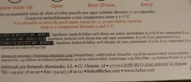 Beher jambon ORO nutrition facts table